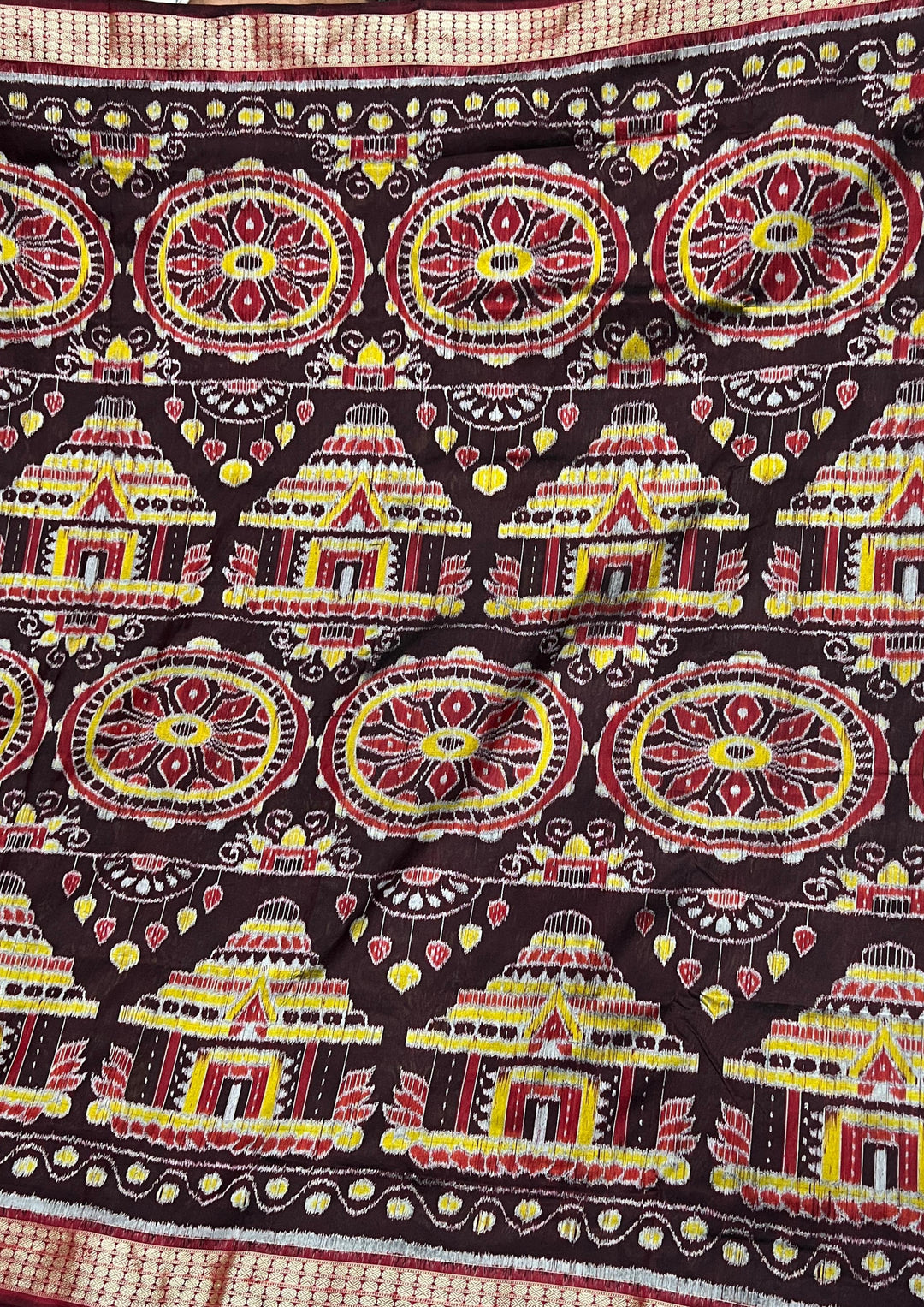 Handwoven Deep Chocolate Brown Sambalpuri Ikat Saree with Maroon Pallu