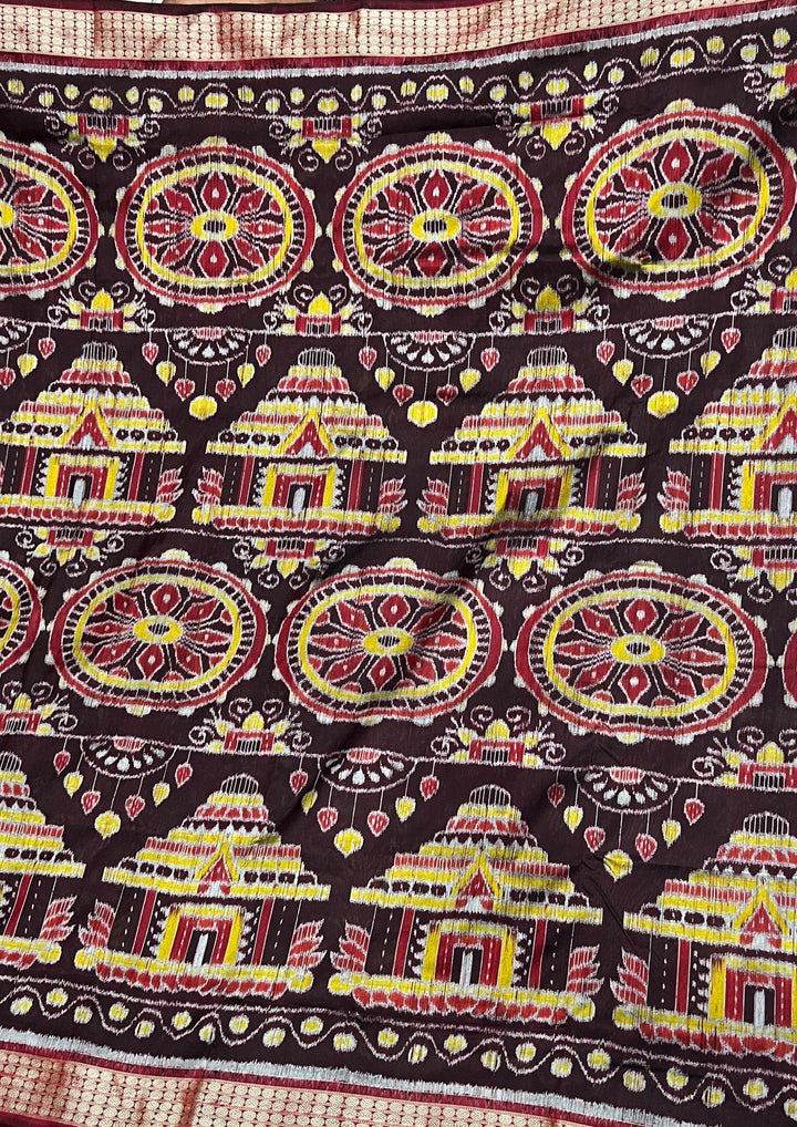 Handwoven Deep Chocolate Brown Sambalpuri Ikat Saree with Maroon Pallu