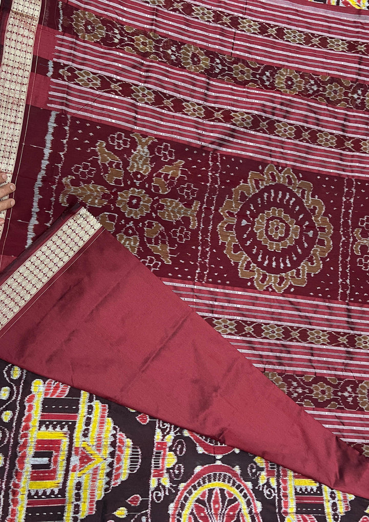 Handwoven Deep Chocolate Brown Sambalpuri Ikat Saree with Maroon Pallu
