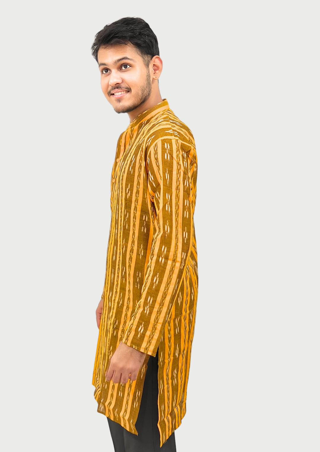 Sambalpuri Men’s Long Kurta – Ikat Stripe Motif, Mustard Yellow Base with White & Brown Highlights