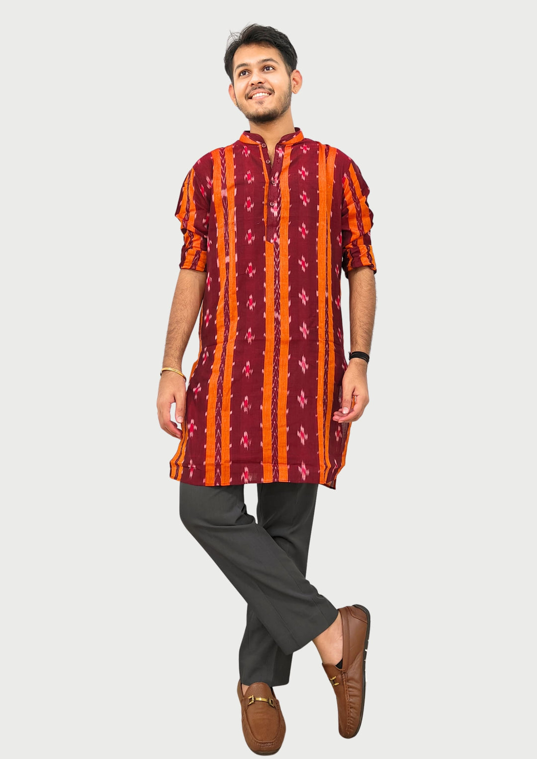 Sambalpuri Men’s Long Kurta – Maroon with Orange Ikat Vertical Stripe Motif