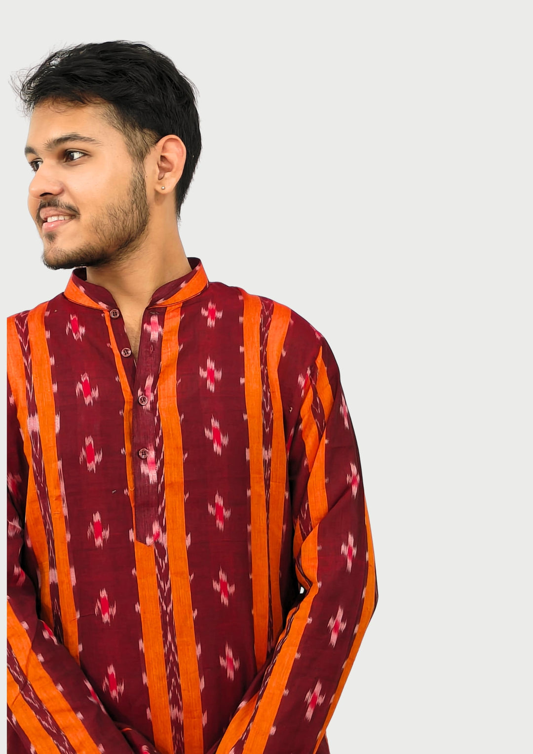 Sambalpuri Men’s Long Kurta – Maroon with Orange Ikat Vertical Stripe Motif