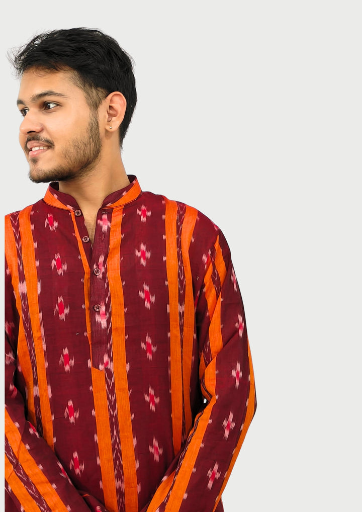 Sambalpuri Men’s Long Kurta – Maroon with Orange Ikat Vertical Stripe Motif