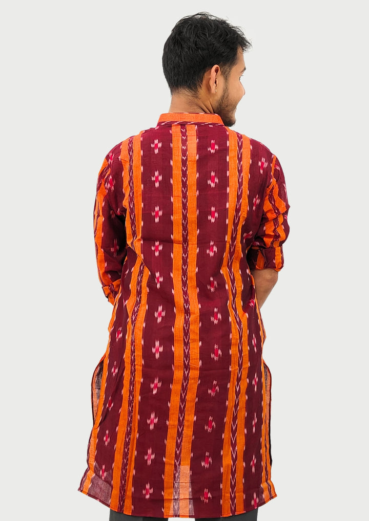 Sambalpuri Men’s Long Kurta – Maroon with Orange Ikat Vertical Stripe Motif