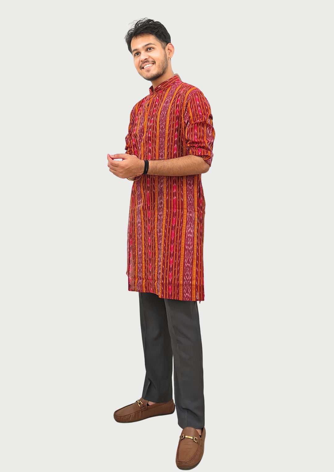 Sambalpuri Men’s Long Kurta – Ikat Stripe Pattern, Maroon-Red Base with Orange & Pink Accents
