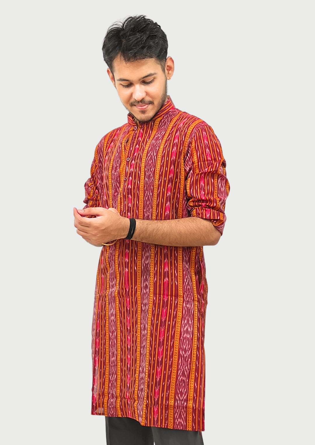 Sambalpuri Men’s Long Kurta – Ikat Stripe Pattern, Maroon-Red Base with Orange & Pink Accents