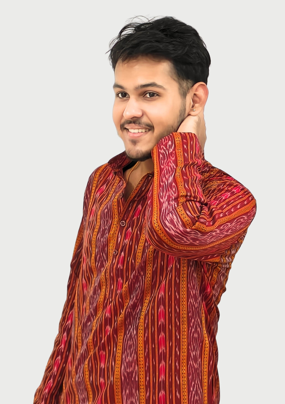 Sambalpuri Men’s Long Kurta – Ikat Stripe Pattern, Maroon-Red Base with Orange & Pink Accents
