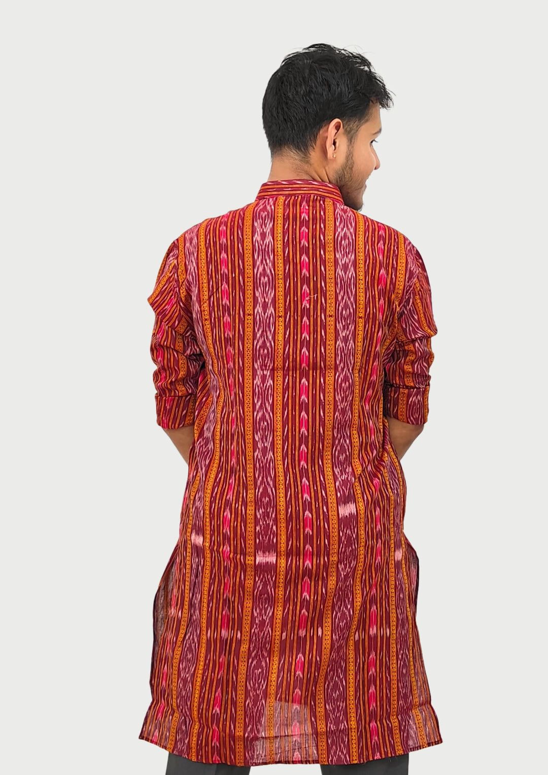 Sambalpuri Men’s Long Kurta – Ikat Stripe Pattern, Maroon-Red Base with Orange & Pink Accents