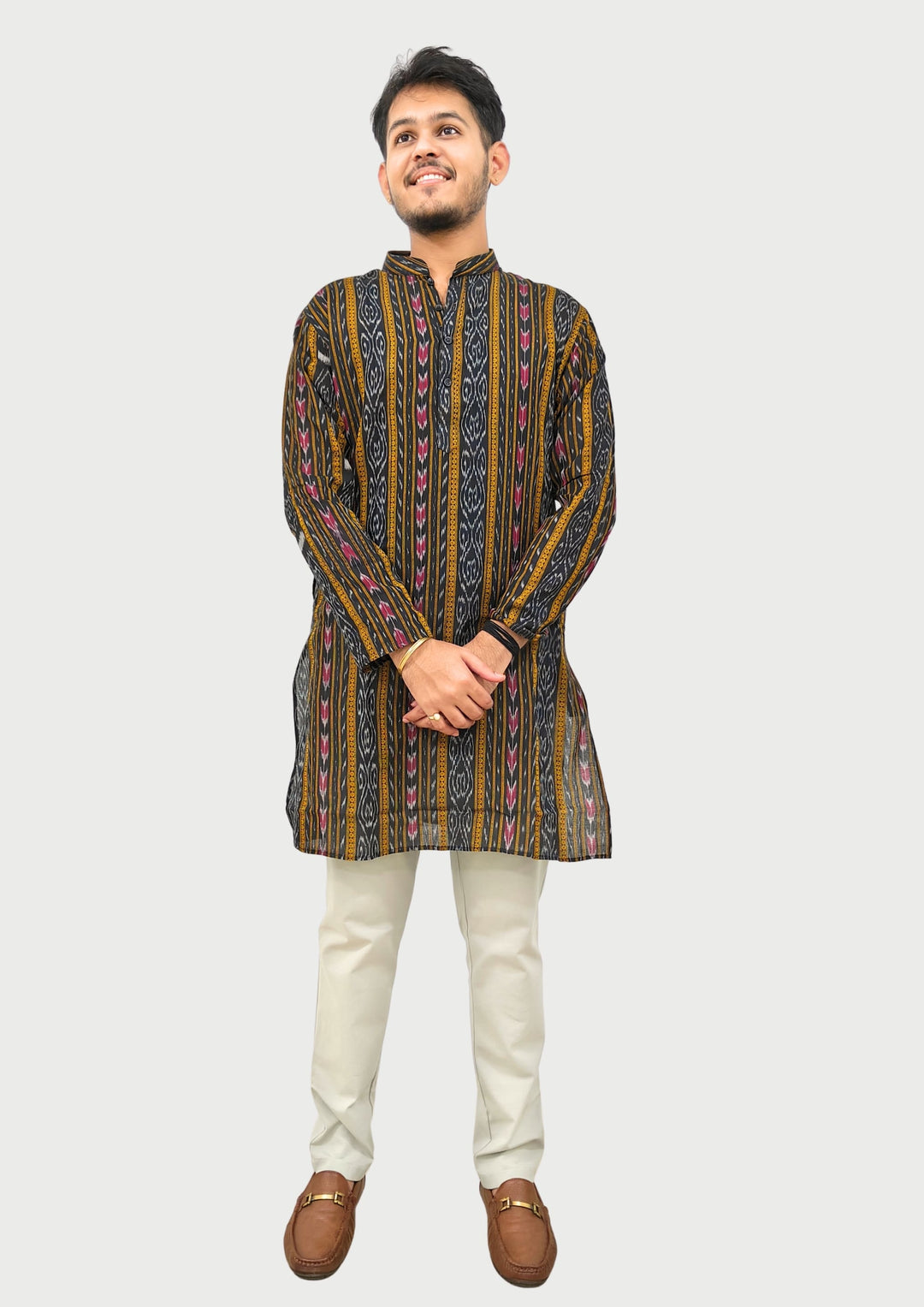 Sambalpuri Men’s Long Kurta –  Ikat Vertical Stripe with Abstract Motifs, Black Base with Yellow & Pink Highlights