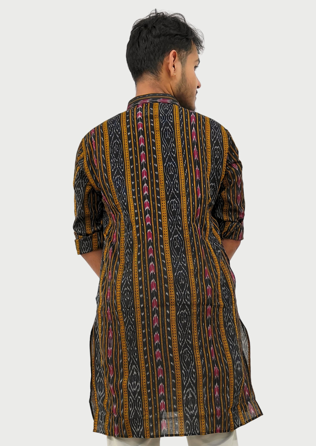 Sambalpuri Men’s Long Kurta –  Ikat Vertical Stripe with Abstract Motifs, Black Base with Yellow & Pink Highlights