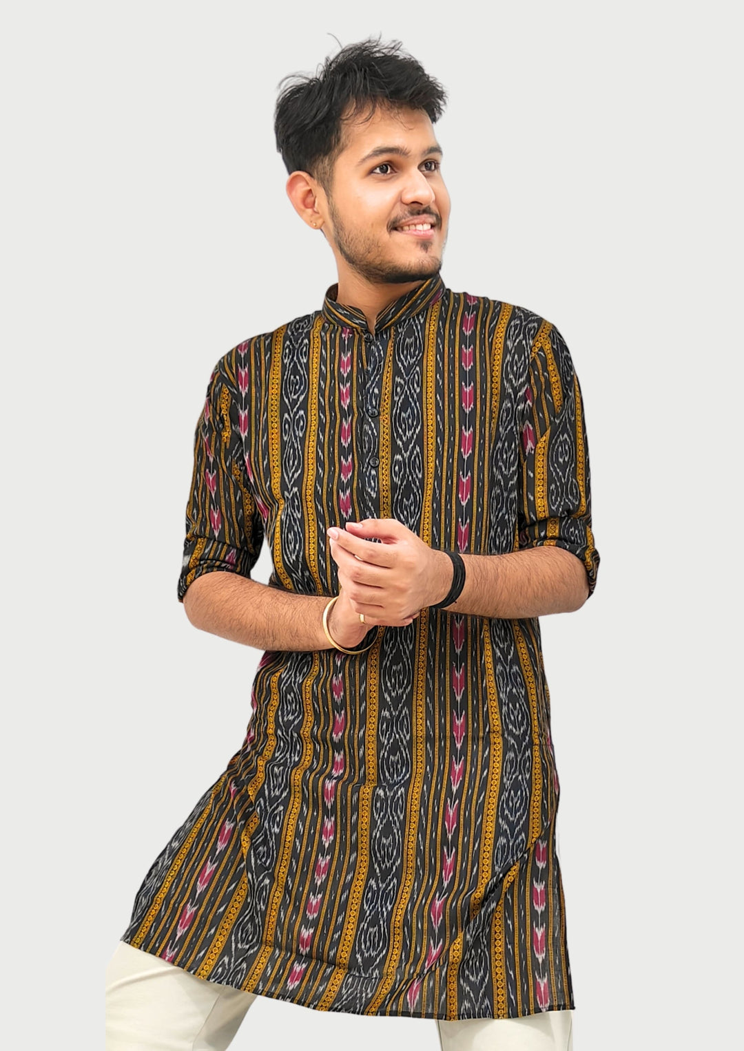 Sambalpuri Men’s Long Kurta –  Ikat Vertical Stripe with Abstract Motifs, Black Base with Yellow & Pink Highlights