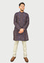 Sambalpuri Men’s Long Kurta – Navy Blue with Brown Ikat Vertical Stripe Motif