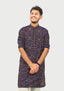 Sambalpuri Men’s Long Kurta – Navy Blue with Brown Ikat Vertical Stripe Motif