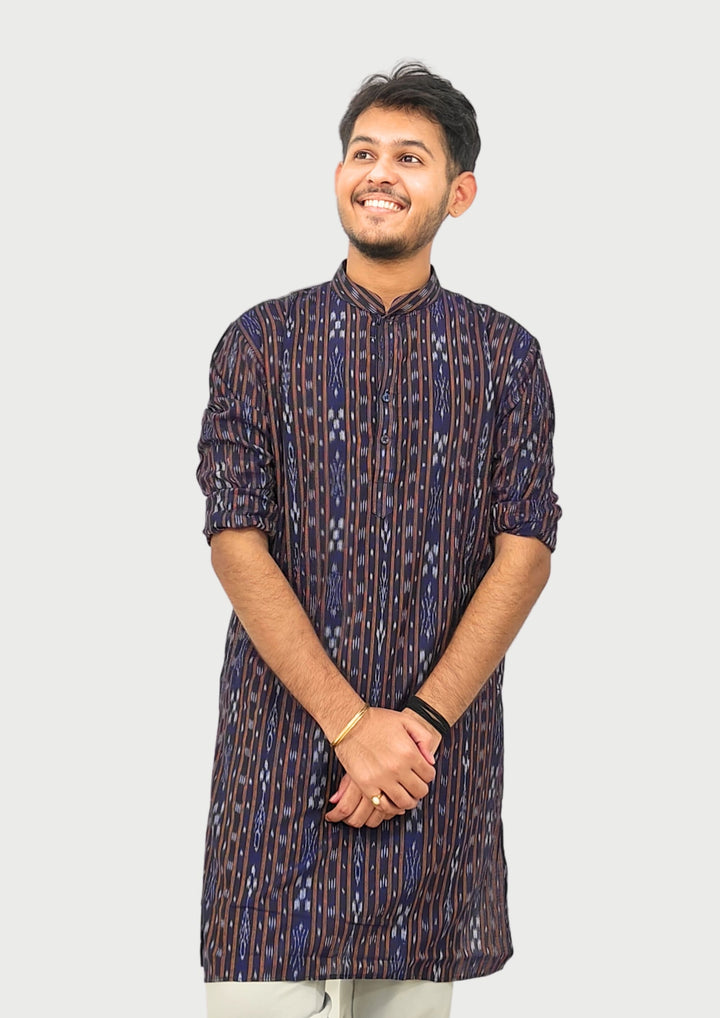 Sambalpuri Men’s Long Kurta – Navy Blue with Brown Ikat Vertical Stripe Motif