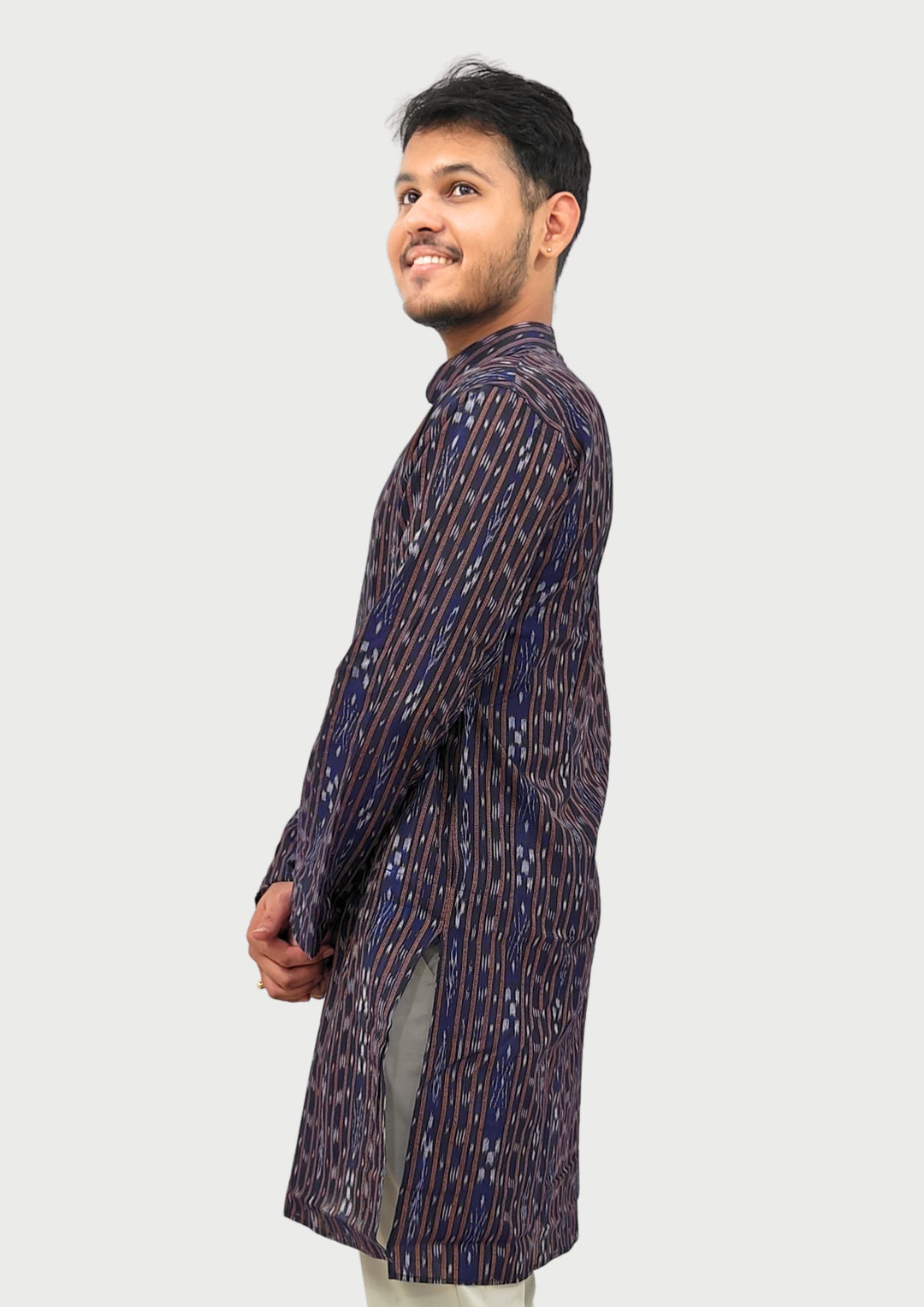 Sambalpuri Men’s Long Kurta – Navy Blue with Brown Ikat Vertical Stripe Motif
