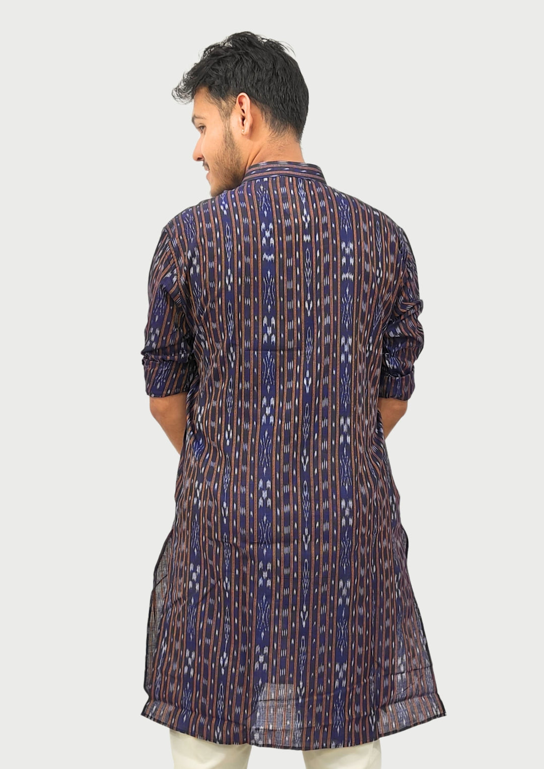 Sambalpuri Men’s Long Kurta – Navy Blue with Brown Ikat Vertical Stripe Motif