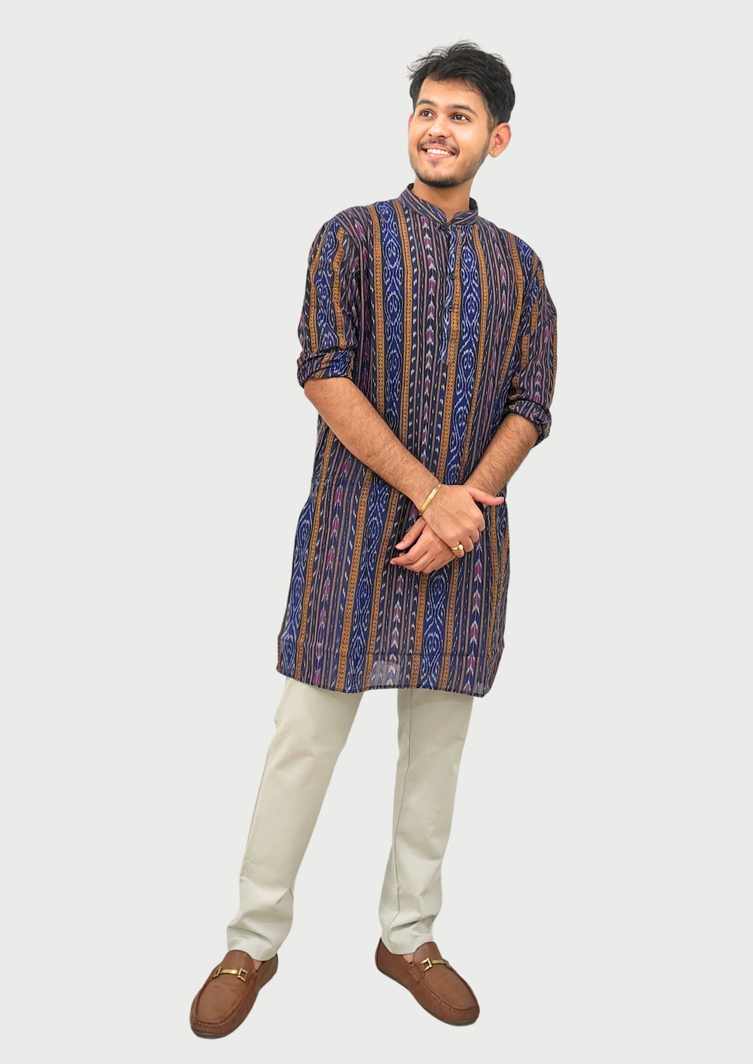 Sambalpuri Men’s Long Kurta – Navy Blue with Multicolor Ikat Vertical Stripe Motif