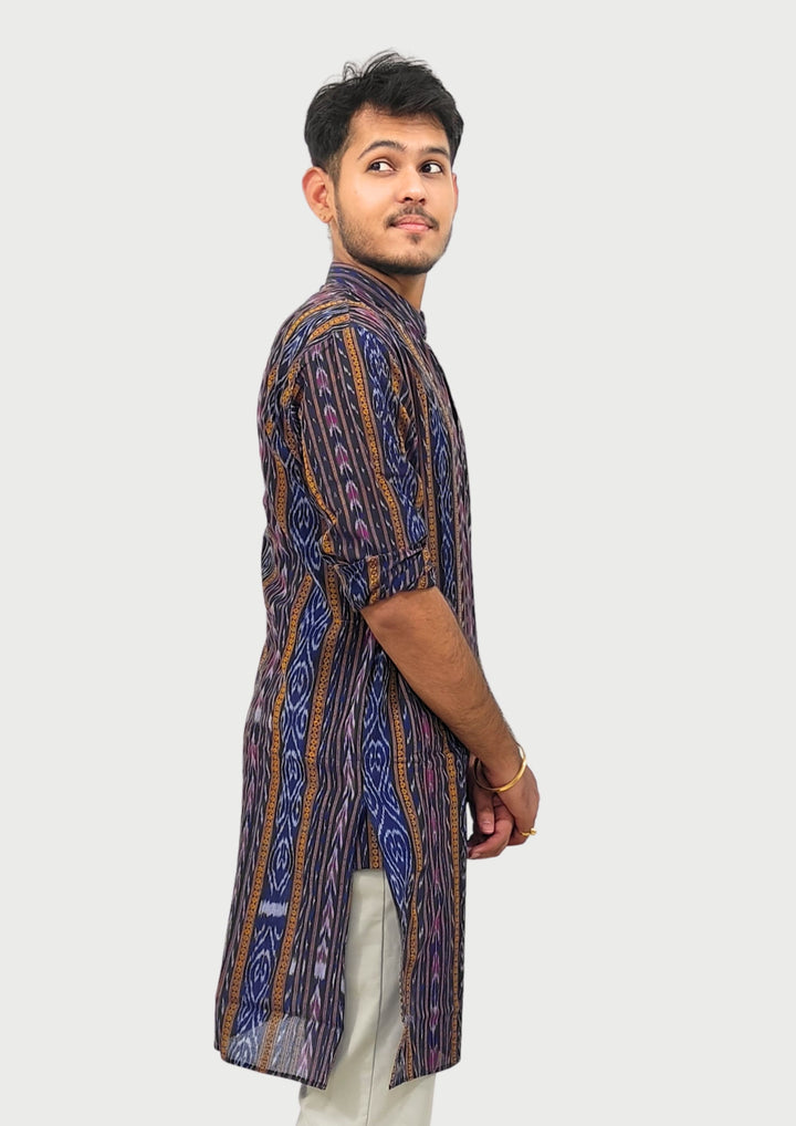 Sambalpuri Men’s Long Kurta – Navy Blue with Multicolor Ikat Vertical Stripe Motif