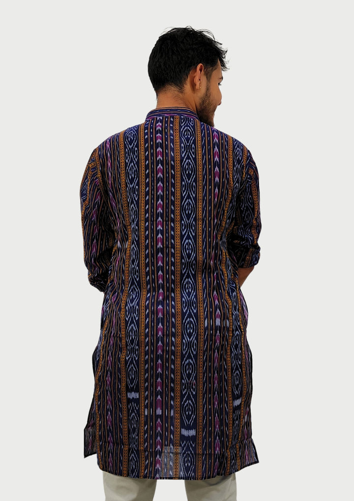 Sambalpuri Men’s Long Kurta – Navy Blue with Multicolor Ikat Vertical Stripe Motif