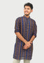 Sambalpuri Men’s Long Kurta – Navy Blue with Multicolor Ikat Vertical Stripe Motif