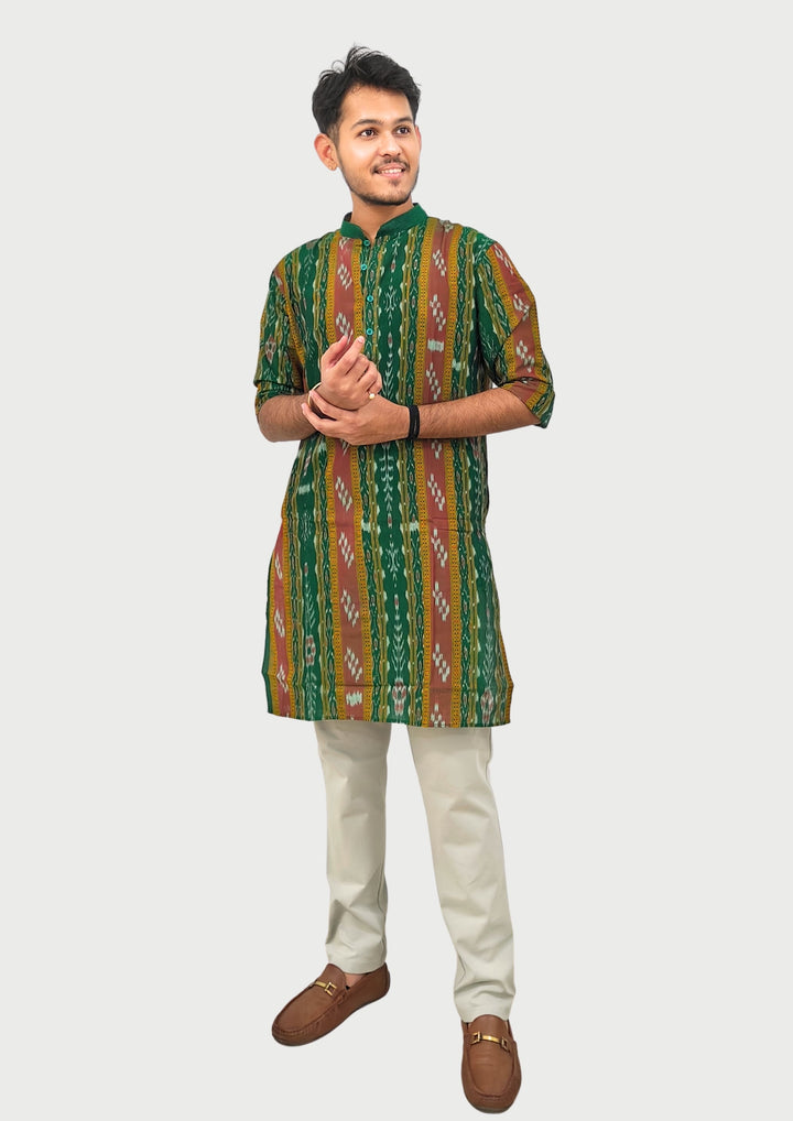Sambalpuri Men's Long Kurta – Green with Maroon and Golden Ikat Vertical Stripe Motif