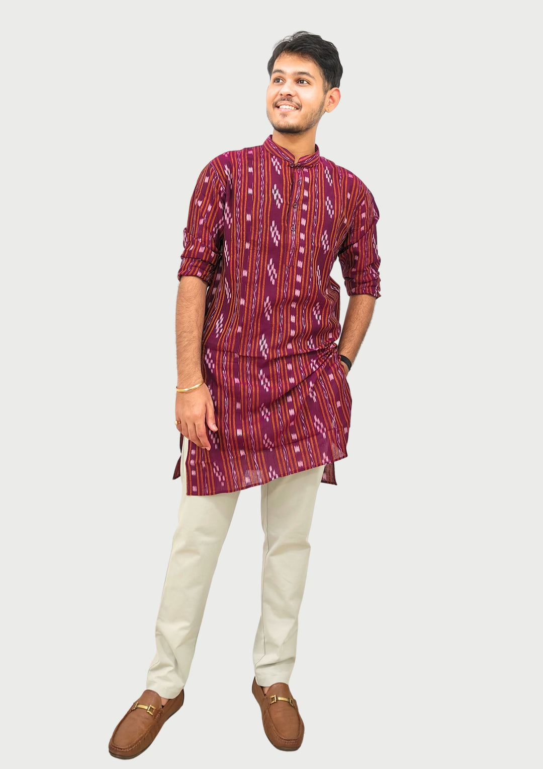 Sambalpuri Men’s Long Kurta – Ikat Diamond Motif, Maroon Base with White & Pink Highlights