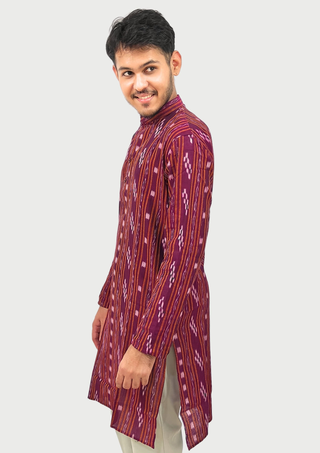Sambalpuri Men’s Long Kurta – Ikat Diamond Motif, Maroon Base with White & Pink Highlights