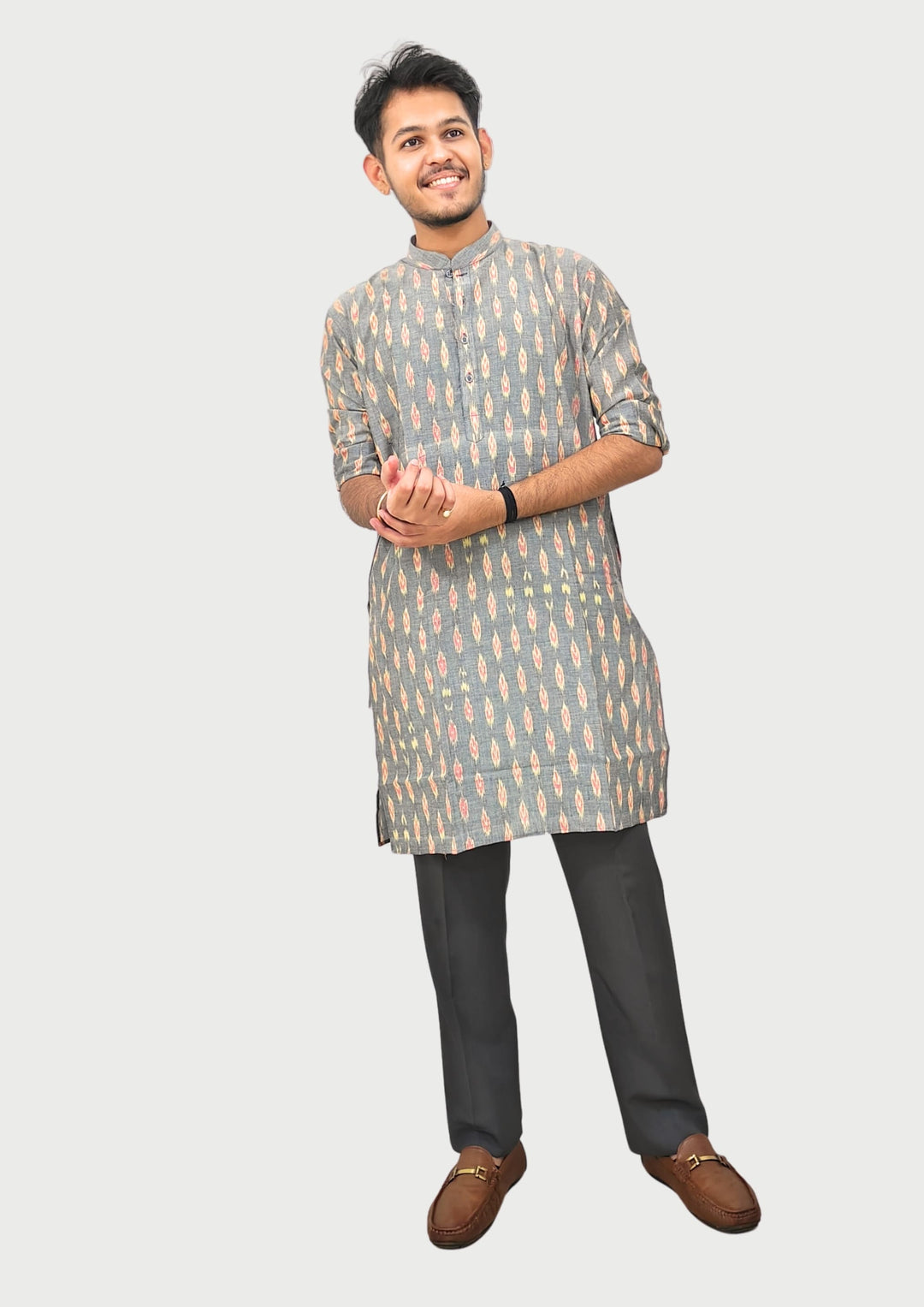 Sambalpuri Men’s Long Kurta – Grey Base with Multicolor Ikat Vertical Stripe Motif