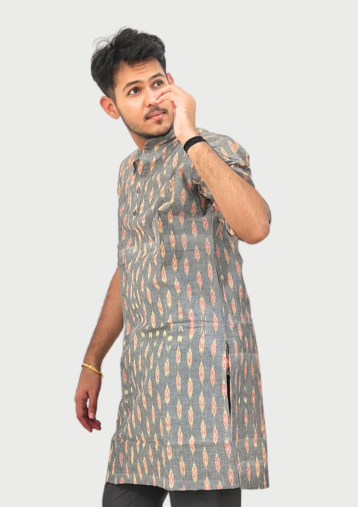 Sambalpuri Men’s Long Kurta – Grey Base with Multicolor Ikat Vertical Stripe Motif