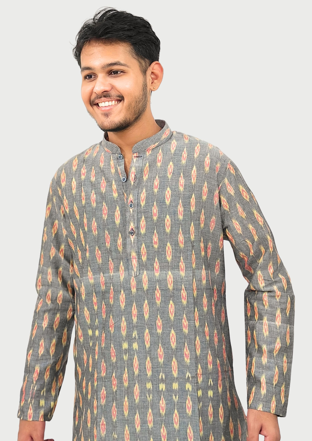 Sambalpuri Men’s Long Kurta – Grey Base with Multicolor Ikat Vertical Stripe Motif