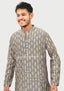 Sambalpuri Men’s Long Kurta – Grey Base with Multicolor Ikat Vertical Stripe Motif