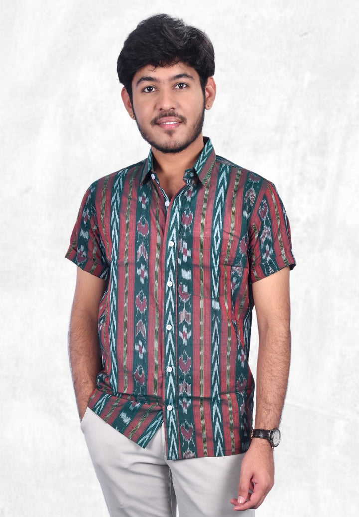 Sambalpuri Handloom Men's Half-sleeve Shirt in Green & Maroon