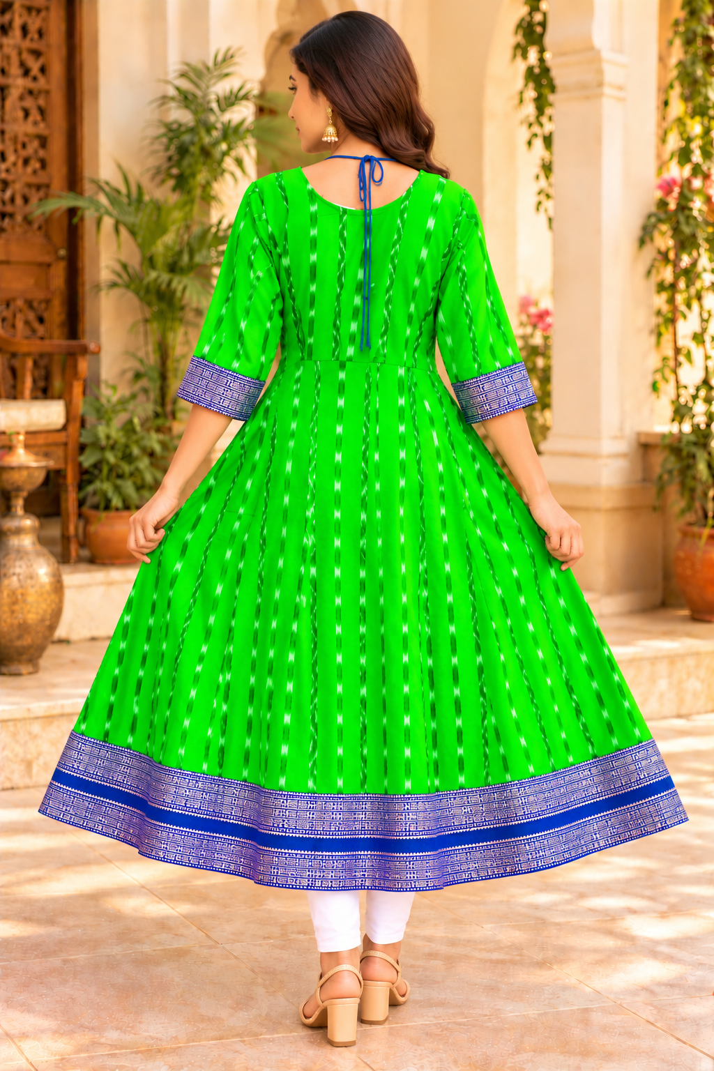 Women’s Sambalpuri Ikat Green Anarkali Kurti with Royal Blue Designer Border