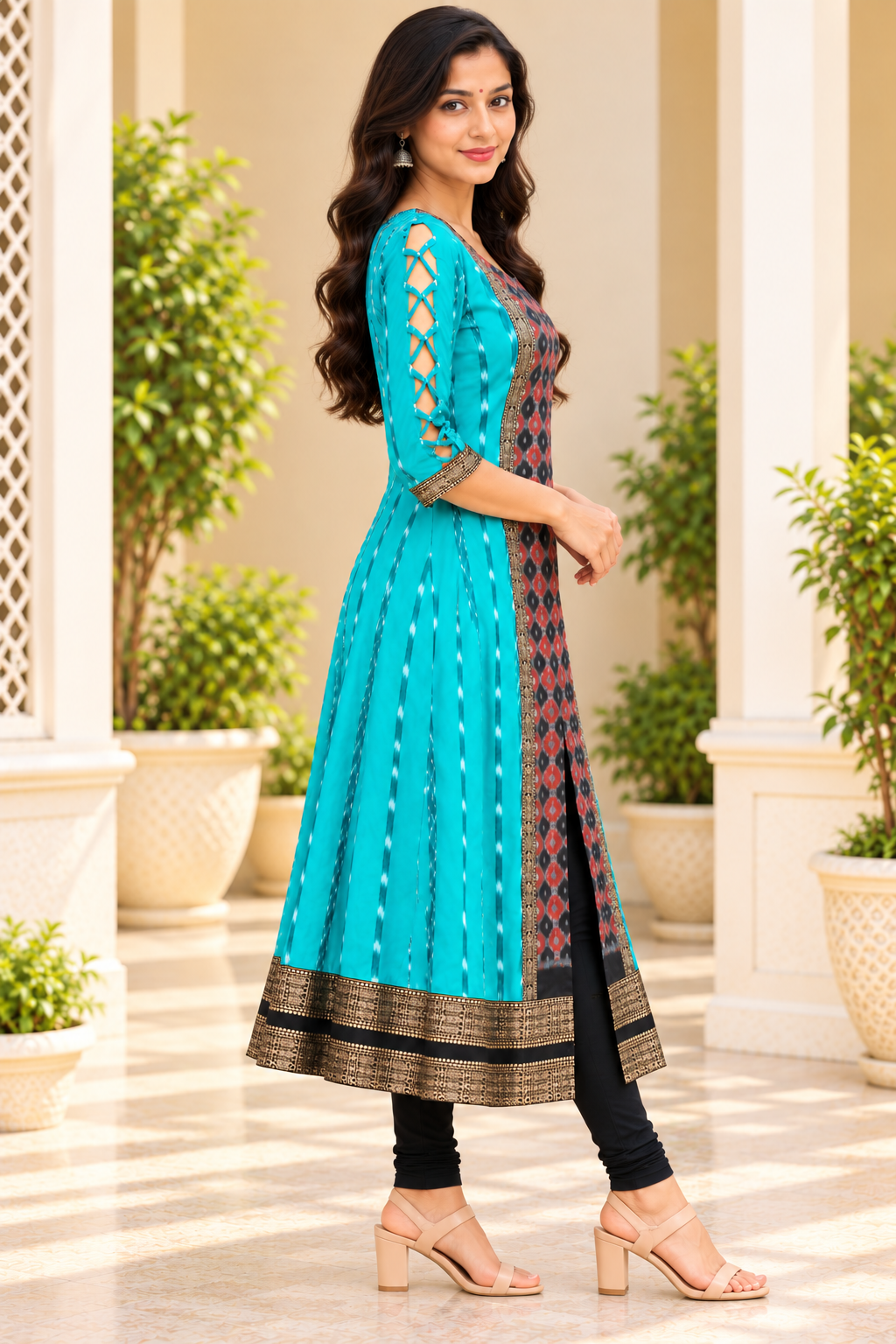 Women’s Turquoise Blue & Charcoal Ikat Designer Anarkali Kurti