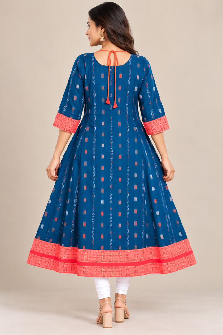 Women’s Teal Blue Sambalpuri Ikat Flared Kurti with Coral Pink Border