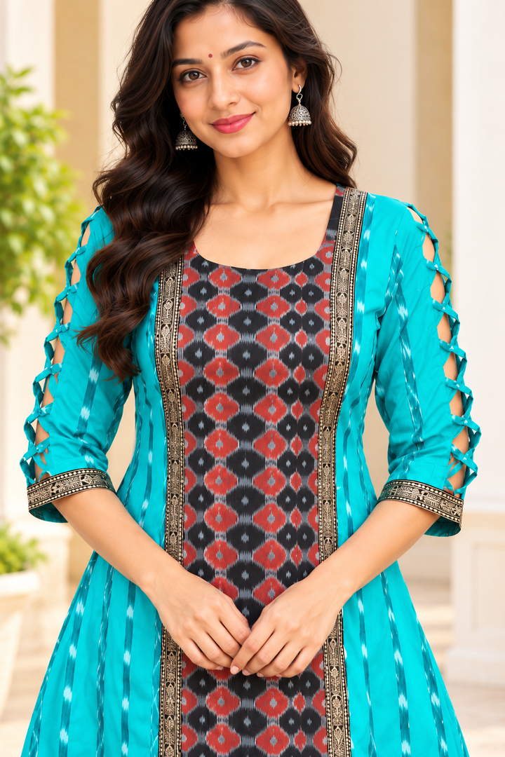 Women’s Turquoise Blue & Charcoal Ikat Designer Anarkali Kurti