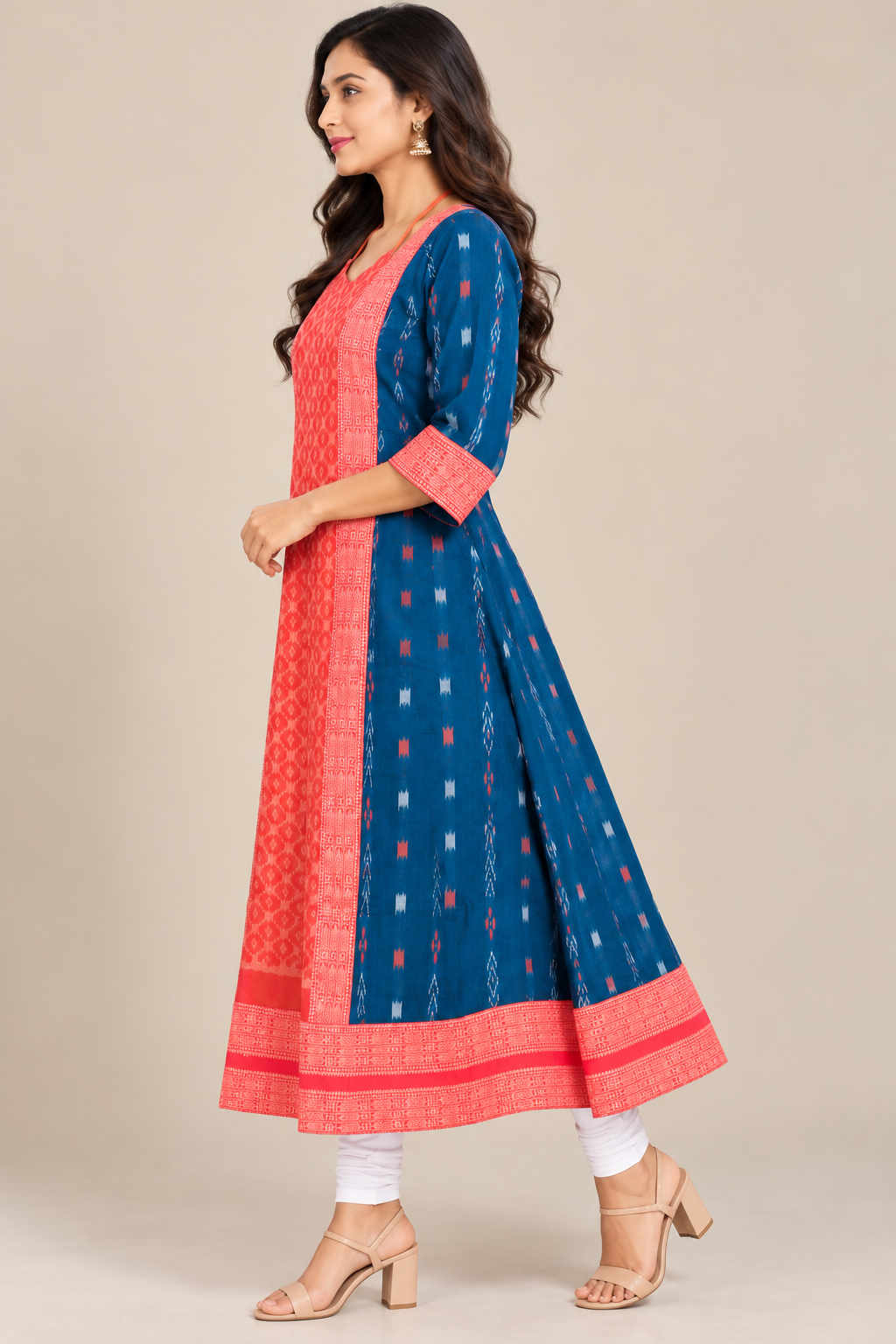 Women’s Teal Blue Sambalpuri Ikat Flared Kurti with Coral Pink Border