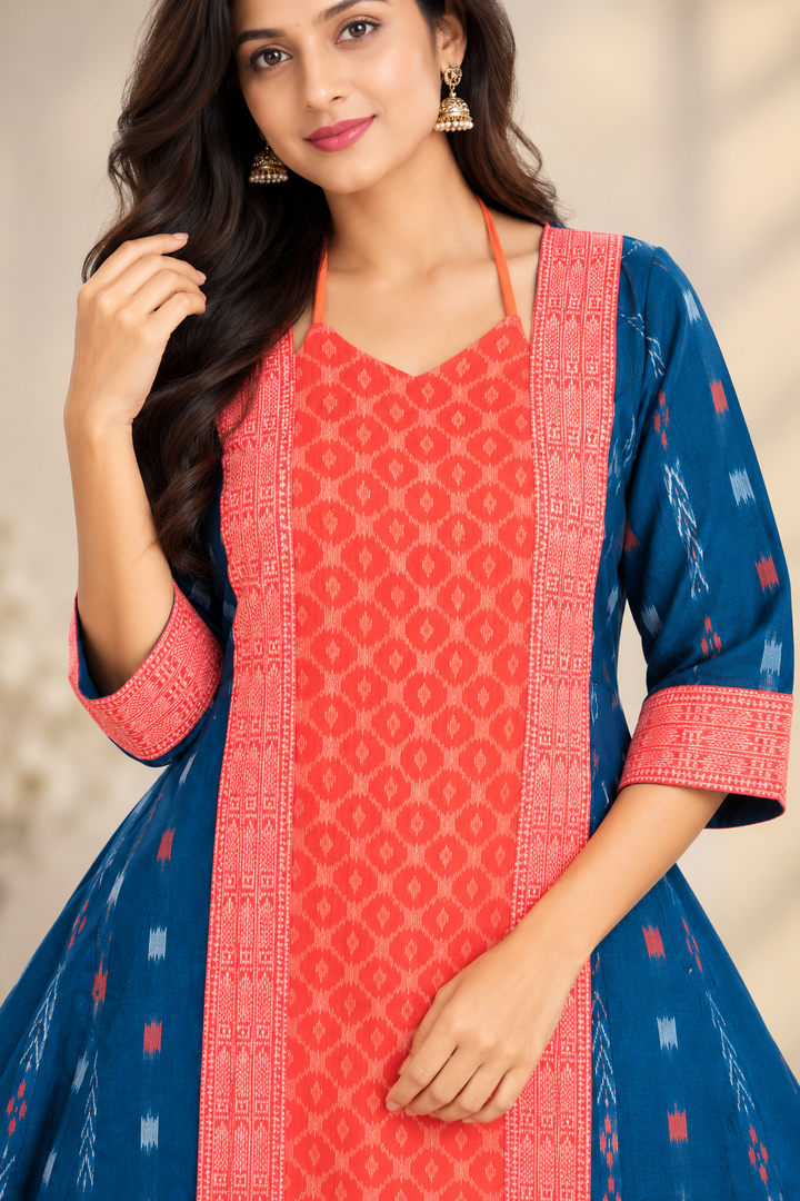 Women’s Teal Blue Sambalpuri Ikat Flared Kurti with Coral Pink Border
