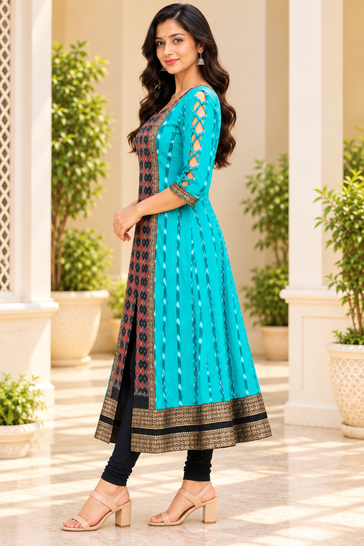 Women’s Turquoise Blue & Charcoal Ikat Designer Anarkali Kurti