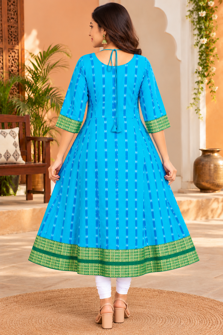 Women’s Turquoise Blue Sambalpuri Ikat Anarkali Kurti with Green Border