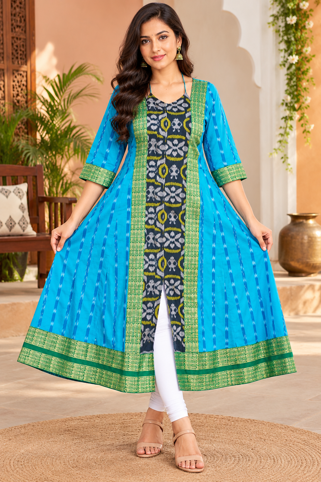 Women’s Turquoise Blue Sambalpuri Ikat Anarkali Kurti with Green Border