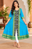 Women’s Turquoise Blue Sambalpuri Ikat Anarkali Kurti with Green Border