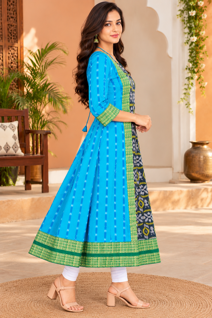 Women’s Turquoise Blue Sambalpuri Ikat Anarkali Kurti with Green Border