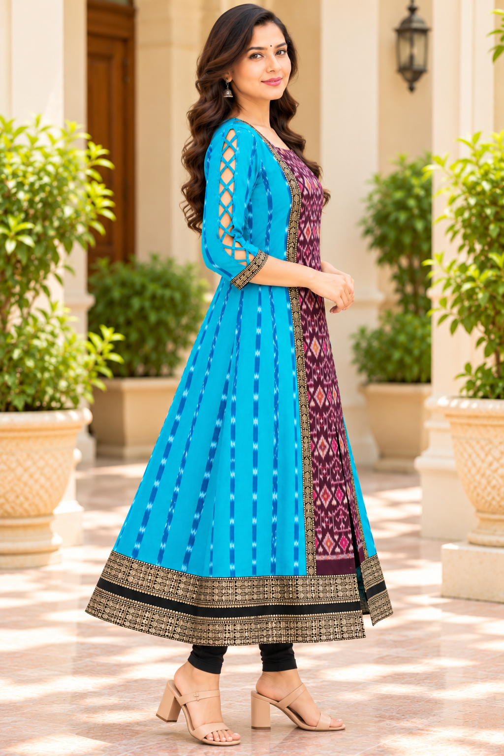 Women’s Turquoise Blue & Maroon Sambalpuri Ikat-Inspired Flared Anarkali with Black-Gold Traditional Border