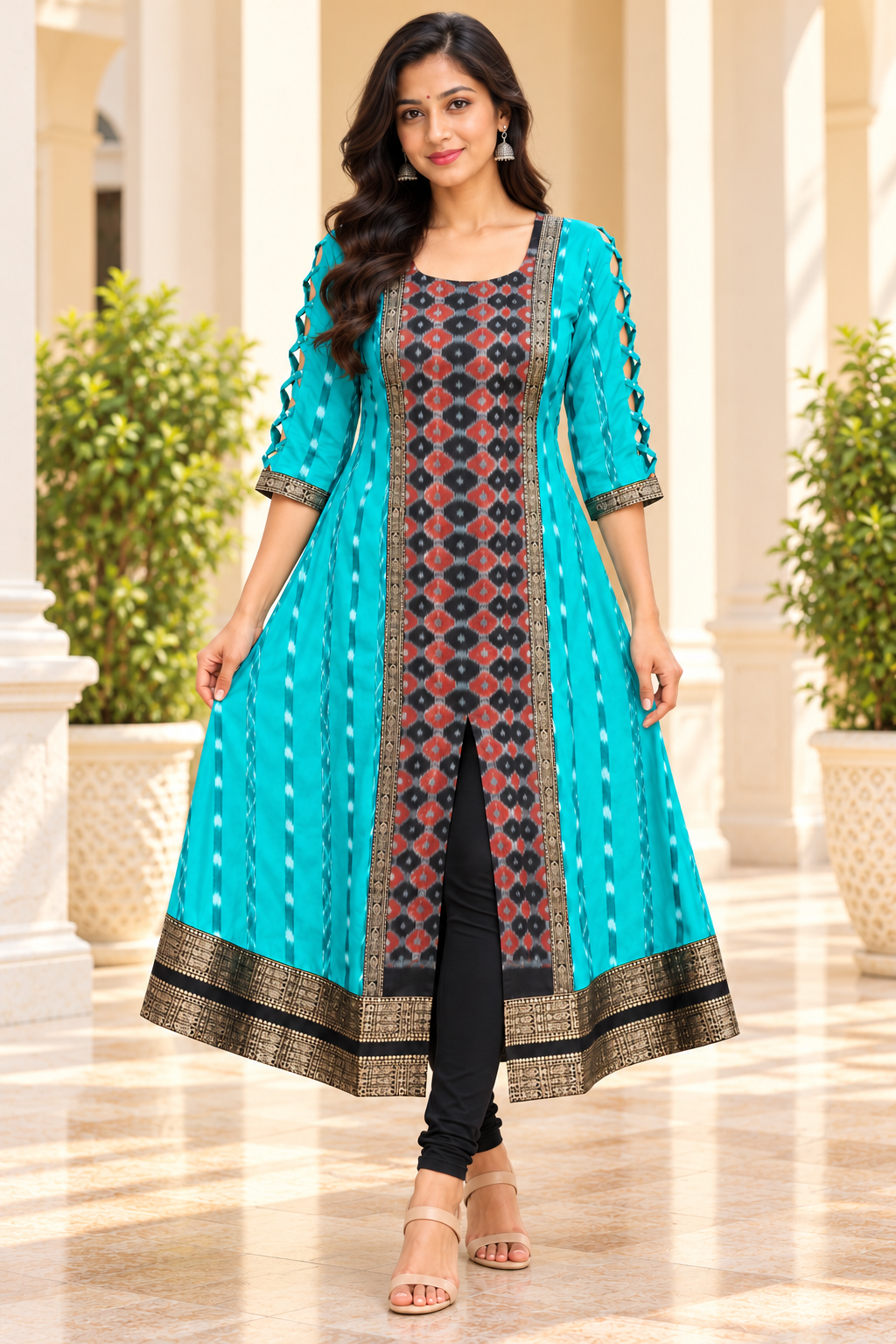 Women’s Turquoise Blue & Charcoal Ikat Designer Anarkali Kurti