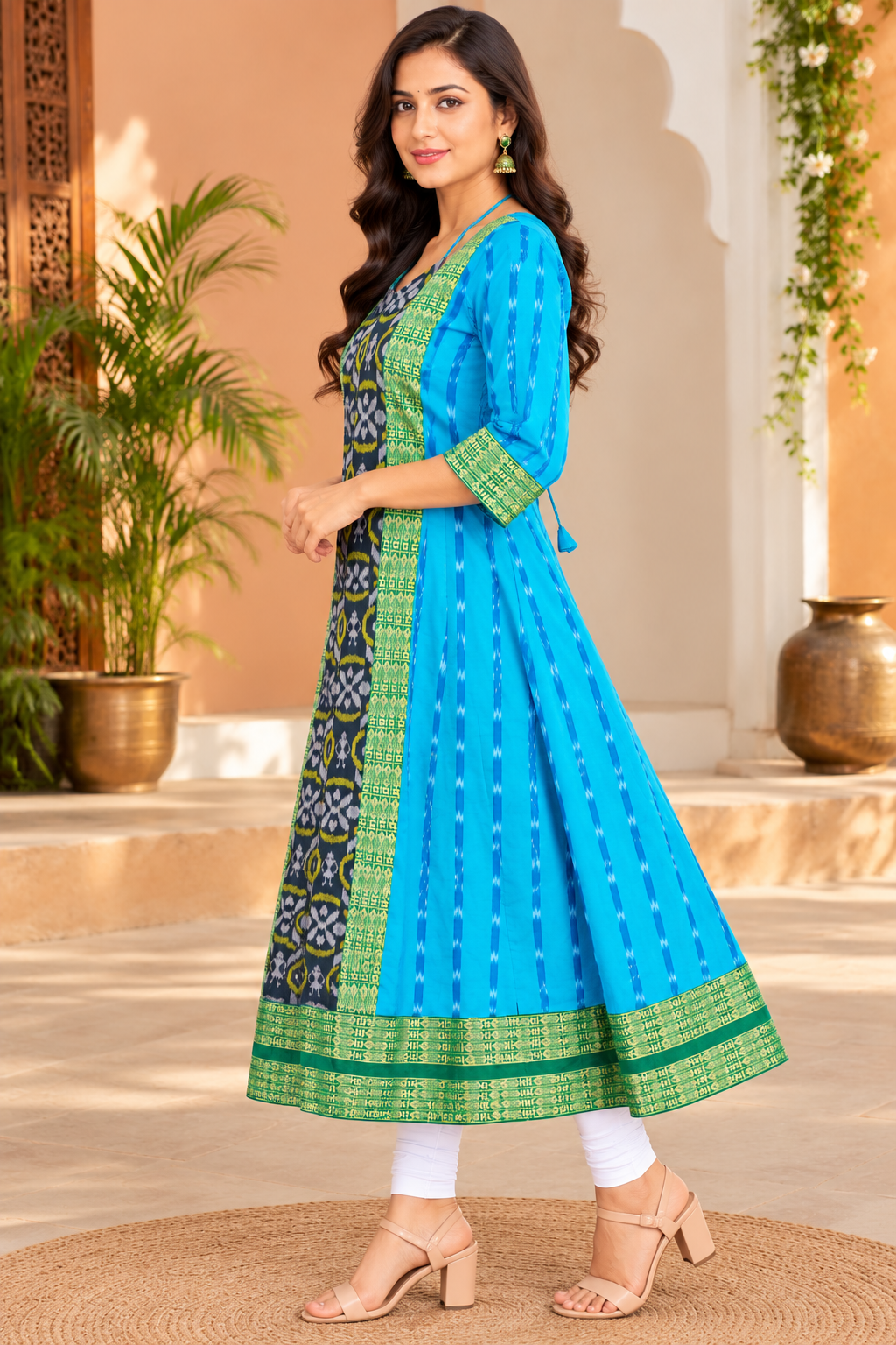 Women’s Turquoise Blue Sambalpuri Ikat Anarkali Kurti with Green Border