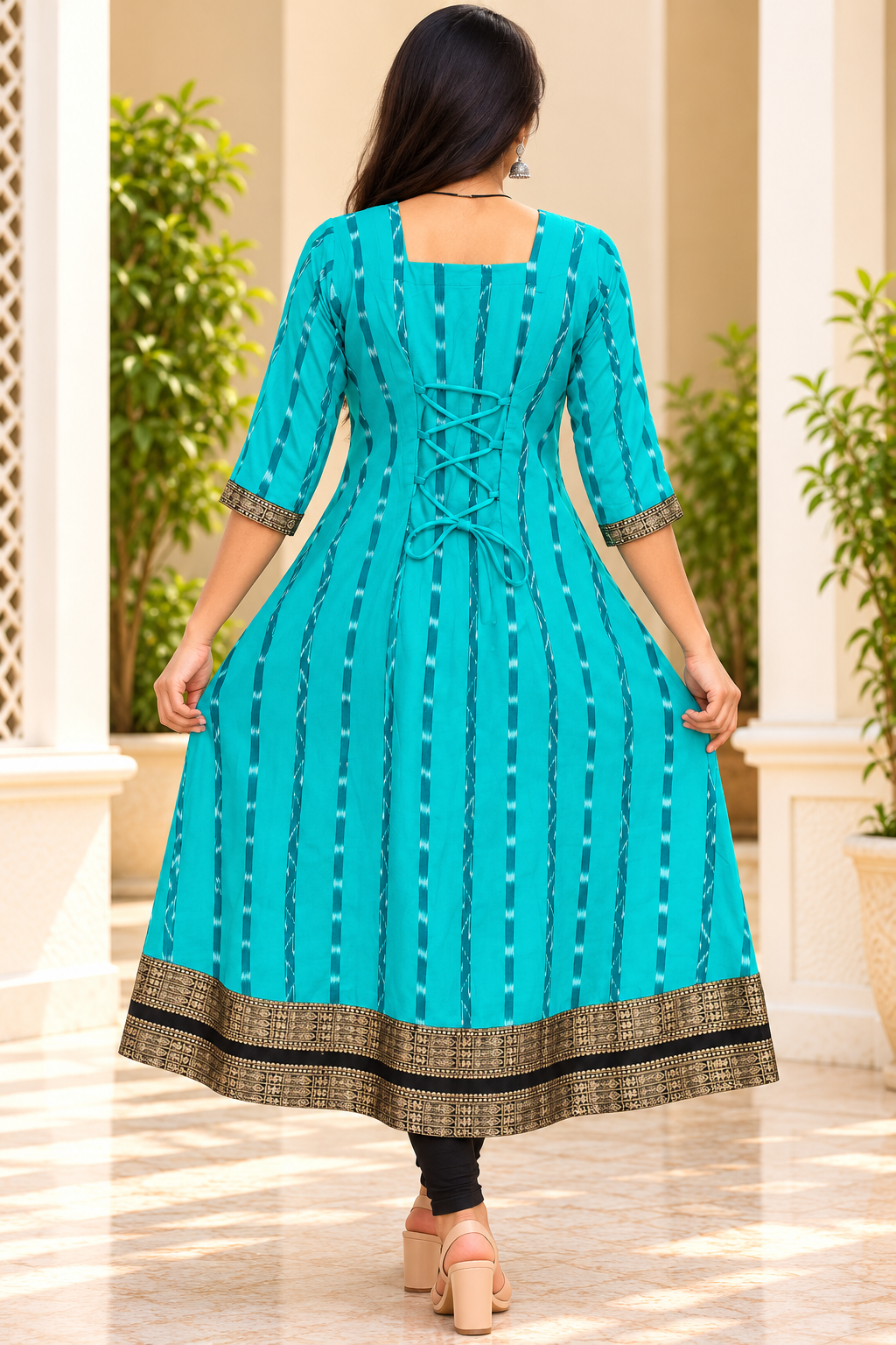 Women’s Turquoise Blue & Charcoal Ikat Designer Anarkali Kurti