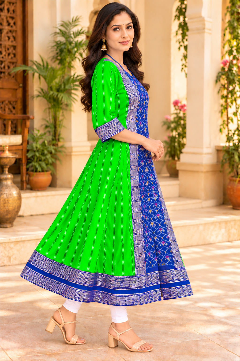 Women’s Sambalpuri Ikat Green Anarkali Kurti with Royal Blue Designer Border