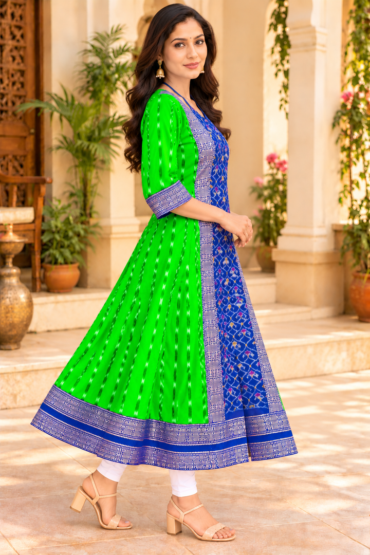Women’s Sambalpuri Ikat Green Anarkali Kurti with Royal Blue Designer Border