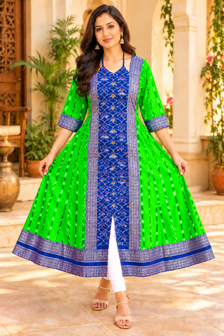 Women’s Sambalpuri Ikat Green Anarkali Kurti with Royal Blue Designer Border